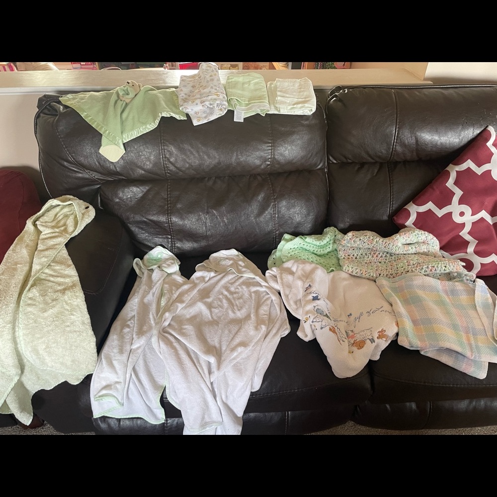 Neutral items-3 bath towels, 4 blankets, 1 small blanket, 3 receiving blankets.
